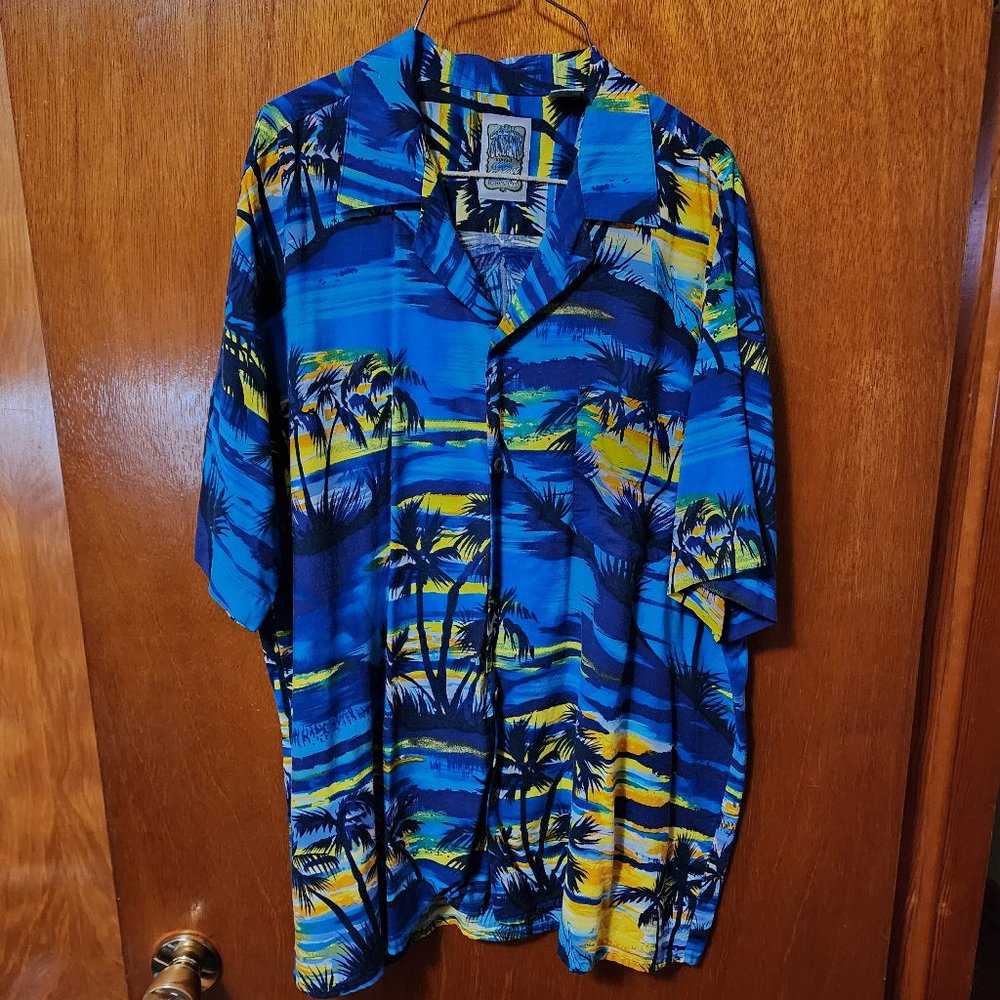 Men's Medium Ocean Current Blue Hawaiian Print Short Sleeve Button Down Shirt